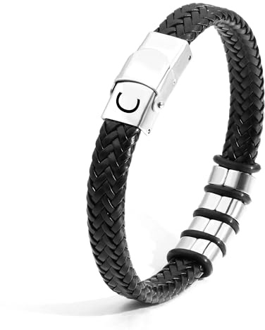 SAMINO Cuero Negro 26 Pulseras de Acero Inoxidable de Primera Letras Para Hombres Pulseras Colgantes de Letra A - Z Tejidas Pulseras Regalos Para Marido Padre Hijo Novio Tío (C)