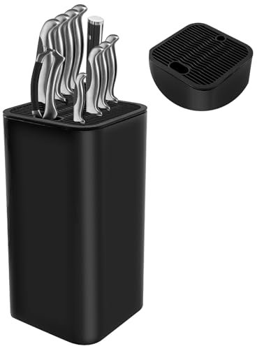 Knife Block Without Knives, Universal Detachable Knife Holder, Space Saver Knife Storage Holder with Scissors Slot, Sharpening Bar Slot, Knives Holder Storage Block for Protecting Blade, Black