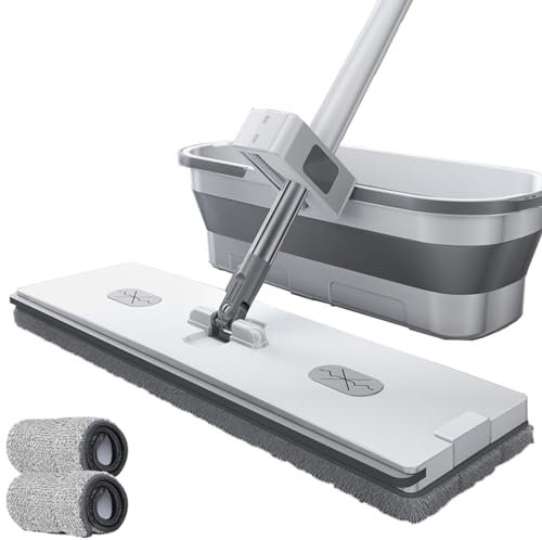 Juego de fregona plana y cubo, fregona giratoria de 360° con raspador de deshidratación y almohadillas de microfibra lavables de 2/4/6/8 para limpiar suelos de madera dura, laminados y azulejos