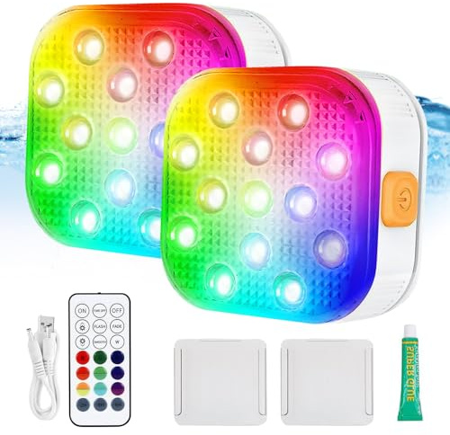 Lumière Piscine, 2 Pièces Lampe Piscine, Lumières De Piscine, Rechargeable Eclairage Led Submersible, Étanches Ip68, 16 Lumières À Changement De Couleur Avec Télécommande