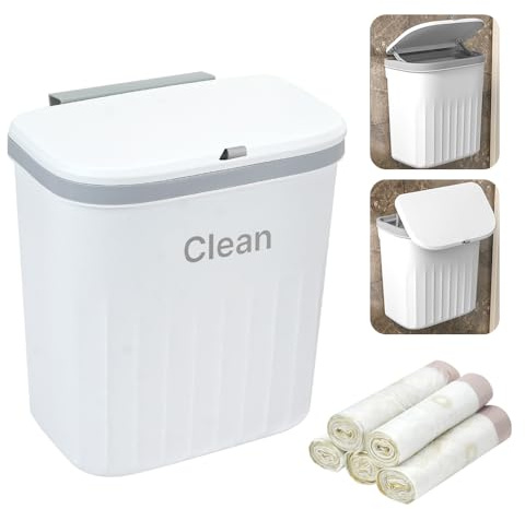 SICANAUO Kitchen Bin,12 L/3.2Gallon Hanging Trash Can with Lid,Wall-Mouted Compost Bin,Food Waste Caddy Rubbish Dustbin With 5 Rolls of Trash Bags for Under Sink,Cupboard Door,Kitchen Cabinet,Bathroom