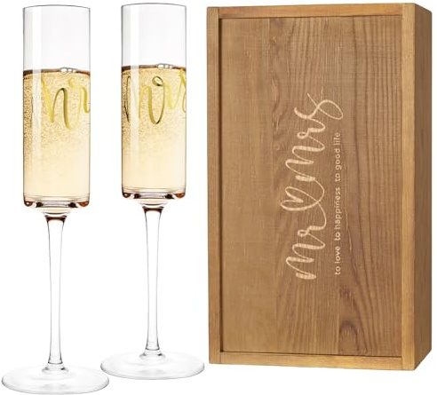 AW BRIDAL Sektgläser Set 2er Hochzeitsgeschenk Brautpaar Lange Sektflöten Kristallkelche Hochzeitstag Geschenkbox, Ideal für Champagner, Prosecco & Cocktails
