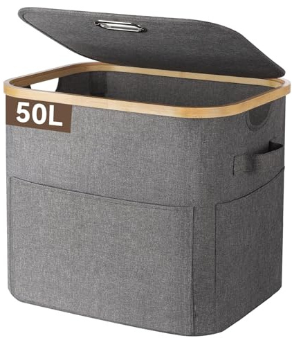 OUSFOT Panier a Linge Sale 50 L, Corbeille a Linge Facile à Assembler avec Poignées, 600D Oxford Fabric Bac Linge, Laundry Basket pour Chambres à Coucher, Chambres d'Enfants, Salles de Bains, Gris