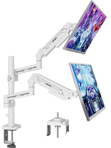 ETHU Dual Monitor Arm, Vertikale Monitor Halterung 2 Monitore mit Gasdruckfeder für 17-32 Zoll bis 9 kg, Bildschirmhalterung mit Verstellbarem VESA 75/100 mm, C-Klemme & Tischdurchführung, Weiß