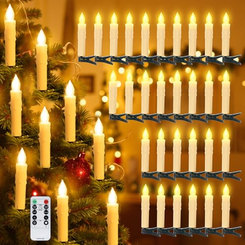 LuJasi Christbaumkerzen Led Kabellos mit Fernbedienung,4 Modi 30er Led Kerzen Weihnachtsbaum mit Clip Timer und Dimmer, Flammenlose Weihnachtskerzen für Weihnachtsdeko Tannenbaum Weihnachtsbaum,Party