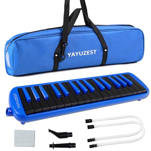 YAYUZEST Melodica Instrument, Soprano Melodica Air Piano Keyboard Pianica mit 2 weichen langen Röhren, 2 kurzen Mundstücken und Tragetasche (blau + schwarz, 32 Tasten)