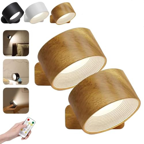 Lights of Sweden Wall Lights, Rechargeable Wall Mounted Sconces,3 Color Modes 3 Brightness Levels 360°Rotation Lighting, for Bedroom Reading Bedside (Remote-2 Pack) (Wooden)