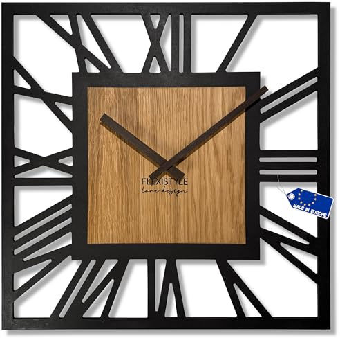 FLEXISTYLE Grande orologio da parete quadrato – Orologio di design in legno e impiallacciatura di quercia – meccanismo al quarzo silenzioso senza ticchettio – Moderna decorazione murale per soggiorno