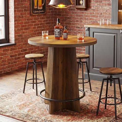Tribesigns Table de Bar Ronde en Bois, Table bistrot de 95 cm de Haut avec Base et Anneau en métal pour café, Maison, Petit Espace, Marron (Table Uniquement)