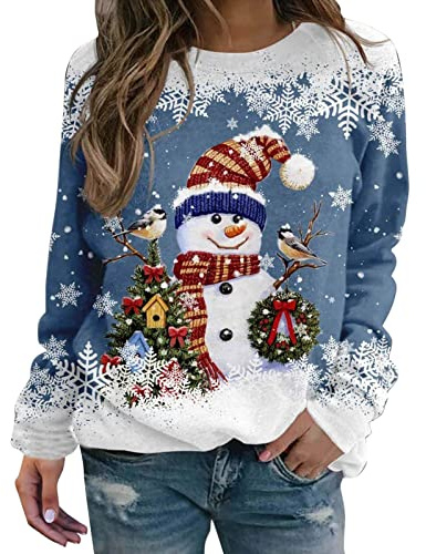 Weihnachtspullover Damen - Lustig Druck Christmas Sweatshirt Weihnachts Rundhals Pullover Schneemann Langarmshirt Xmas Pulli Oberteil Teenager Mädchen