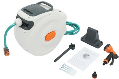 Fridgestea Schlauchbox mit Automatische Aufrollung inkl. 20 m Gardena Schlauch, 180° Schwenkbar Schlauchtrommel für Garten/Bewässerung/Autopflege - Weiß