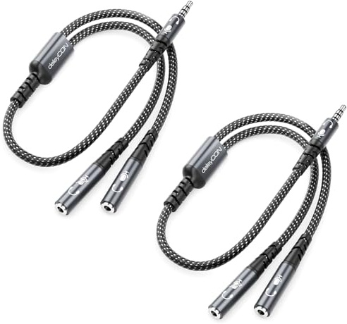 deleyCON AUX Audio Klinke Y Adapter Splitter 3,5mm, 2 Stück | Stereo Kabel, 1x Stecker auf 2x Buchse, unterstützt 2 Kopfhörer oder Headset mit Mikrofon, für Smartphone, PC, Laptop