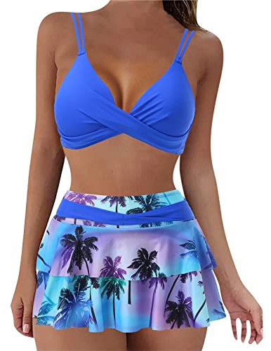 Generico Bikini Donna Mare - Costume Donna Due Pezzi Curvy Costume da Bagno Perizoma Costumi da Bagno Collo A Cinghie di Spaghetti Bikini Tropicale Swimsuit A Gonnellina Piscina