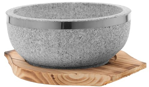 TOYANDONA Ciotola in Pietra Naturale per Bibimbap Coreano 800 Ml senza Rivestimento con Base in Legno Carbonizzato 18 Cm per Cucina Casalinga e Cottura su Fiamma Libera