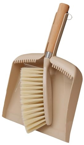 BIUDECO Ensemble de 2 Pièces Balayette et Pelle Beige Poils Pointus, Manche en Bois et Brosses en Pp et Pet, Mini Balai de Nettoyage pour Bureau et Comptoir