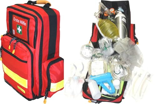 Notfallrucksack B e a t m u n g mit 2-Liter Sauerstoffflasche und regelbarem Druckminderer für Erwachsene aus Nylonmaterial - Rot - Gelbe Reflexstreifen