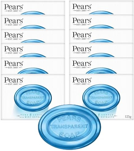 Pears Transparent Soap 125g Pack of 12 – Pure & Gentle Cleansing Bath Soap with Refreshing Mint Extracts, Dermatologically Tested, Mild Formula for Soft, Smooth & Healthy Looking Skin