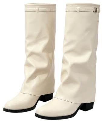 GFZMF Dam spetsig tå tjock klack breda vad knähöga stövlar dra på slouchy mode höga stövlar, Benvit, 40.5 EU