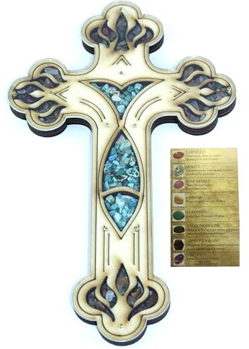 Graviertes Wandkreuz aus Bethlehem, gefüllt mit Halbedelsteinen aus dem Heiligen Land mit Steinen, Karte – Fisch-Stil (12,7 cm)