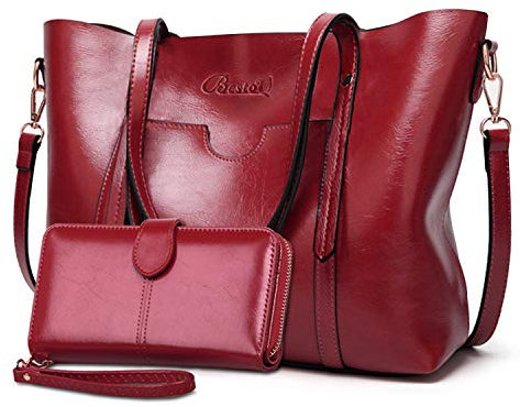BestoU Sac a Main Femmes PU Cuir Sac à Bandoulière D'épaule Fourre-Tout Portefeuille Sac 2pcs (Rouge)