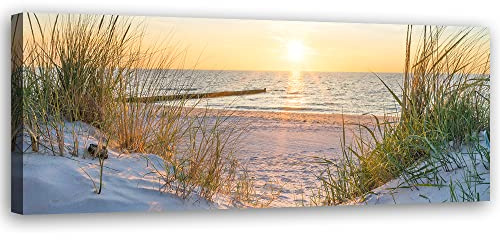 Feeby Vlies Leinwandbild Sand Meer Wellen Strand Wasser 150x50 cm Wanddeko Design Kunstdruck Zimmerdeko Bilderwand Sonnenuntergang Gras Nordsee Beige