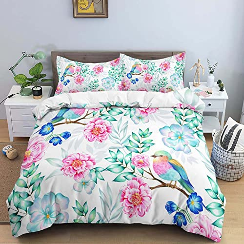 Double Duvet Set Pink Begonia Flower Bird Double Bed Duvet Cover Set for Children Aldult with Zipper Closure Breathable Hypoallergenic Microfiber Quilt Cover 78.7x 78.7 + 2 Pillowcases 19.7x 29.5