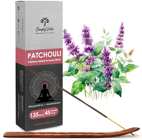 Simply Vedic Patchouli-Räucherstäbchen 250 g (ca. 135 Premium-Räucherstäbchen + Halter) | Dauert 60 Minuten, ideal für Meditation, Yoga, spirituelle Heilung, Gebete, Aromatherapie