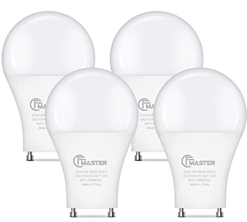 CFMASTER GU24 LED Llight Bulb, 3000K Warm White, 9W(100W Equivalent), 800 Lumens, A19 Shape GU24 LED Bulbs, Twist and Lock GU24 Pin Base with Two Prongs, Non-Dimmable(4-Pack)