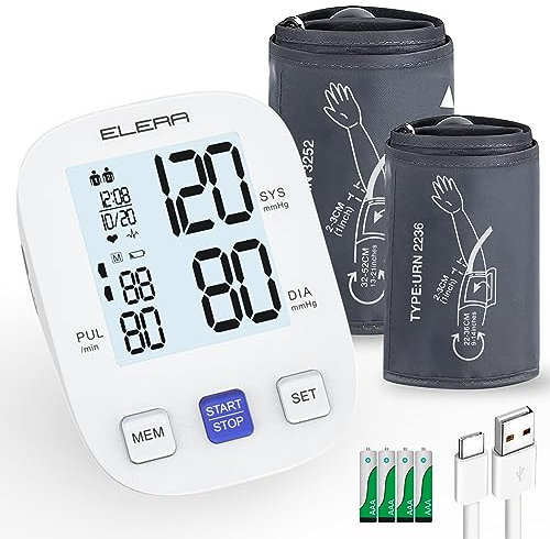Blood Pressure Monitor with 2 Cuff, Elera Digital Automatic Upper Arm Blood Pressure Machine with 32-52cm Extra Large Cuff and 22-36cm Standard Cuff
