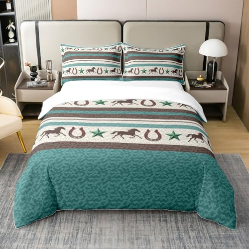 jejeloiu Western Horseshoe Cotton Duvet Cover Set King Size Kids Retro Cowboy Style Bedding Set for Women Men Farmhouse Wild West Comforter Cover Set Soft Teal Beige Brown Bedspread Cover