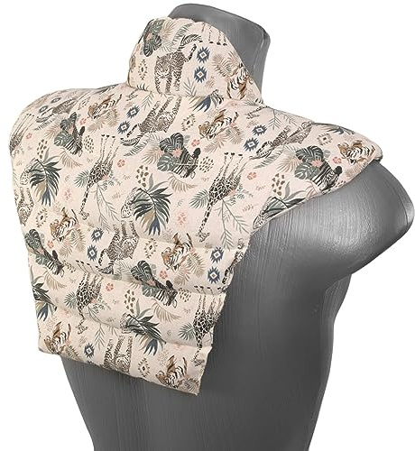 Cojín térmico para las vértebras cervicales – Cuello+hombros+espalda. Algodón biológico animales salvajes. Almohada térmica cervical con semillas de grosella. Saco caliente y frio. Cojín de nuca