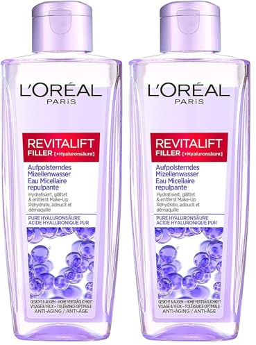 L'Oréal Paris Eau micellaire repulpante pour femme pour une peau hydratée et rafraîchie après le nettoyage à l'acide hyaluronique pur, Revitalift Filler 1 x 200 ml (Lot de 2)