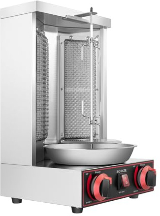 Kebabgrill, 3 000 W, gas, doner, kebab, bordsgrill, vertikal bordsgrill, grillning, grillning, grillning, kyckling, lamm, fläsk, 2 brännare, med temperaturregleringsomkopplare