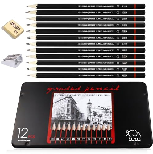 AMANDELIZABE Bleistift Set 12 Stück Schreiben Bleistifte, Mit 1 Radiergummi und 1 Silbernem Bleistiftspitzer, 8B 7B 6B 5B 4B 3B 2B B HB F H 2H