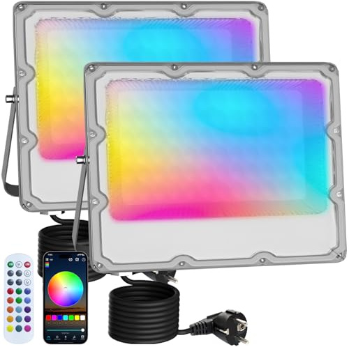MEEKBOS 2 Piezas Foco LED RGB Exterior, 50 W, Regulable, Cambio de Color | Reflector RGB, 5000 lm, App Bluetooth y Mando de 2,4 GHz, IP66, 16 Millones de Colores y DIY para Fiestas, Pascua y Halloween