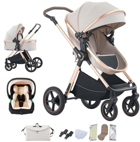 Mobayta 3 in 1 Pushchair Pram Travel System, Baby Stroller 3 in 1 with Reversible Two Pushing Modes, Newborn Infant Carriage Adjustable, Toddler Buggy Aluminum Frame (D2, D2-RICEWHITE)