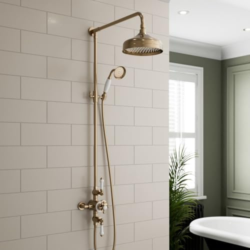Park Lane® Bathroom Thermostatic Mixer Shower, Traditional Crosshead Exposed Bar Valve Round Drencher Rainfall Head, Hose & Handset, Brushed Brass