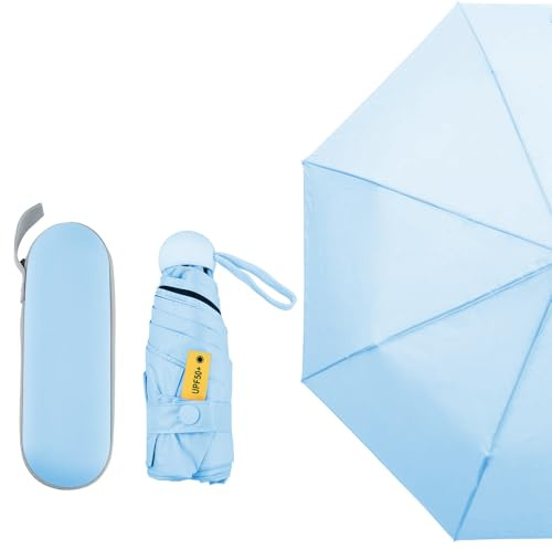 Wisebom Mini Paraguas Plegable con Estuche, Protección UV, Portátil, Compacto, Antiviento para Mujer Hombre (Azul)