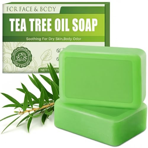 Tea Tree Oil Soap Bar, Antifungal Soap, Body Acne Cleanser, Natural Face Wash, Soothes Itchy Skin, Removes Body Odour, Daily Hygiene for Men & Women, 100g