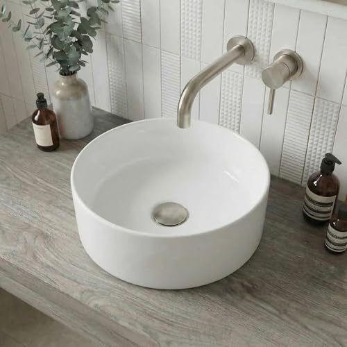 Baystone Lyon Countertop Basin for Bathroom and Cloakroom Hand Wash Basins Sink Modern White Gloss Round, 300 x 300mm