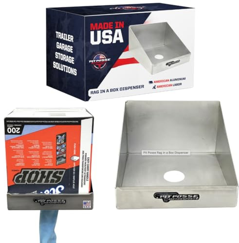 Pit Posse 474 Rag in a Box Dispenser Holder Rack - Made in USA - Paper Towel Garage Race Trailer Mechanics Shop Storage Workspace Aluminum Organizer (Silver) Small Size 9.5L x9.5W x 6H