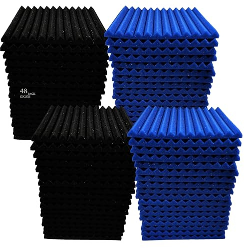 48 Pack 12 X 12 X1 Acoustic Panels Studio Soundproofing Foam Wedge Tiles, (24BLUE+24BLACK)
