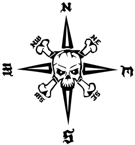 Kompass Totenkopf Aufkleber 30x30cm Windrose Aufkleber für Biker, Caravan Wohnmobil Wohnwagen Auto oder als Wand Tattoo (219/6) (schwarz Glanz)