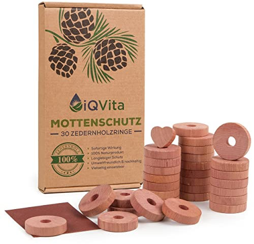 iQVita Natürlicher Mottenschutz aus Zedernholz – 30 Mottenringe – 100% Naturprodukt – Hervorragende Mottenabwehr für Kleiderschrank – Bio – Mottenfalle - Chemiefrei