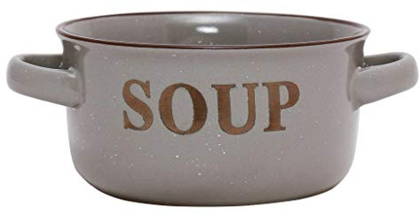 Dibor Set of 8 Ceramic Grey Stoneware Soup Bowl Dishes with Handles | Dishwasher Safe, Microwave Safe, Handles, Embossed Text Design, Speckled Finish