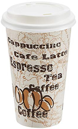 Amazon Basics To Go Hot Paper Coffee Cups with Lids, 16 oz, Café Design, Disposable, 100-Count