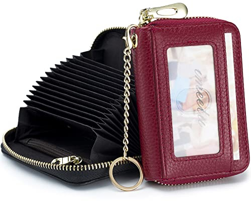 imeetu Card Holder for Women RFID Card Holder Wallet Slim Leather Cardholder Damen with 12 Card Slots, 2 Wide Cash Slots, Keyring & ID Window (Small,Rot)