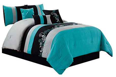 Chezmoi Collection Napa 7-Piece Luxury Leaves Scroll Embroidery Bedding Comforter Set (Queen, Teal Blue/Gray/Black)