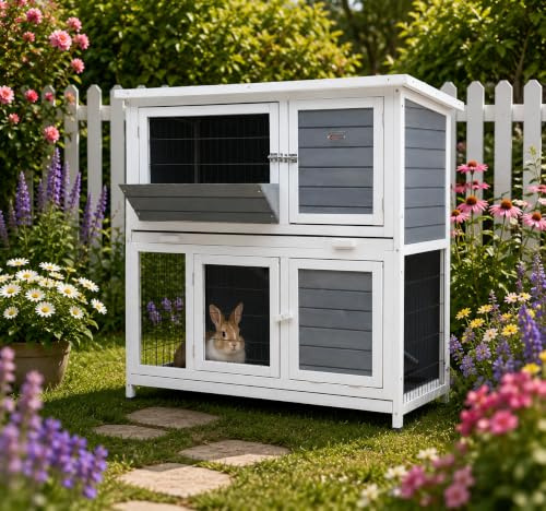 BUNNY BUSINESS 41 2-Tier Double Decker Rabbit/Guinea Pig Hutch Hutches with Sliding Trays & Ramp (GREY)