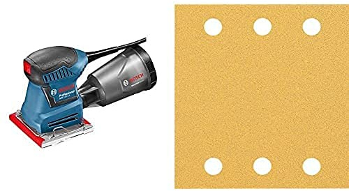 Bosch Professional Schwingschleifer GSS 140-1 A (inkl. Staubbox, Microfilter,Schleifblatt, Schleifplatte) + 10x Schleifpapier Expert C470 mit 6 Löchern (für Hartholz, Farbe auf Holz, Körnung 80)